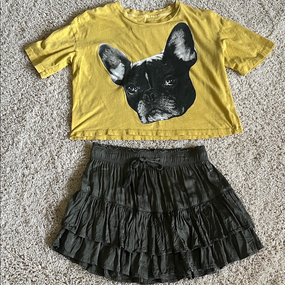 Yellow Cropped Tee with Black French Bulldog XS Graphic and Olive Ruffle Skirt S